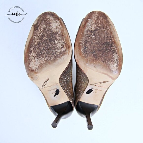 Brian Atwood BFliese Metallic Peep Toe Stilettos Silver Gold Women 7.5 - Picture 9 of 14